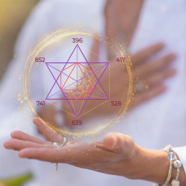 A colorful chart detailing multiple Solfeggio frequencies by Hz value