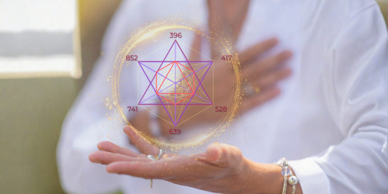 A colorful chart detailing multiple Solfeggio frequencies by Hz value